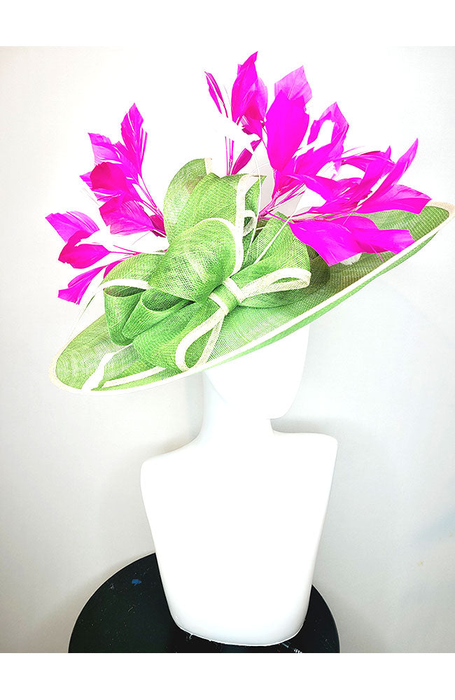 Lime Green Side Sweep Hat with Fuschia Feathers
