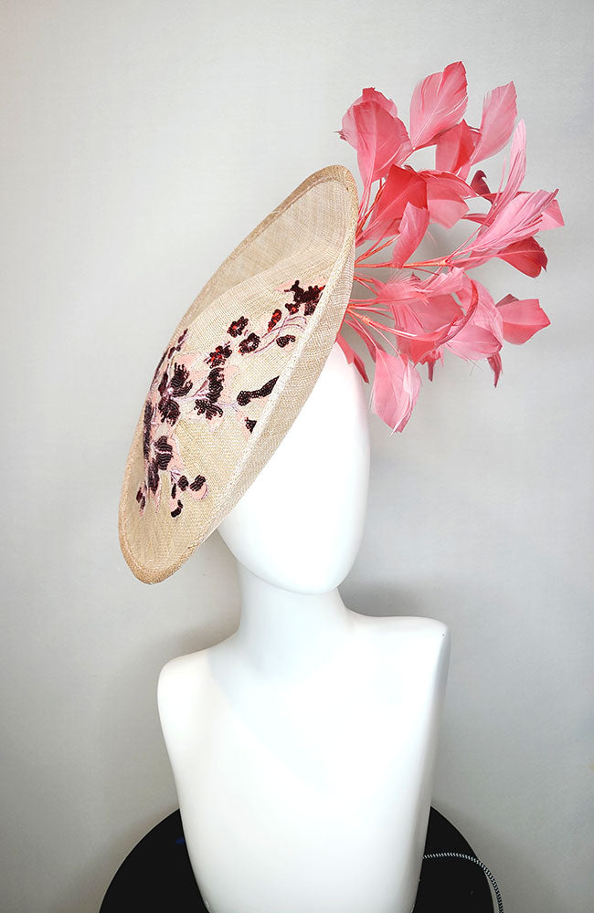Taupe Fascinator with Pink Embellishments & Feathers