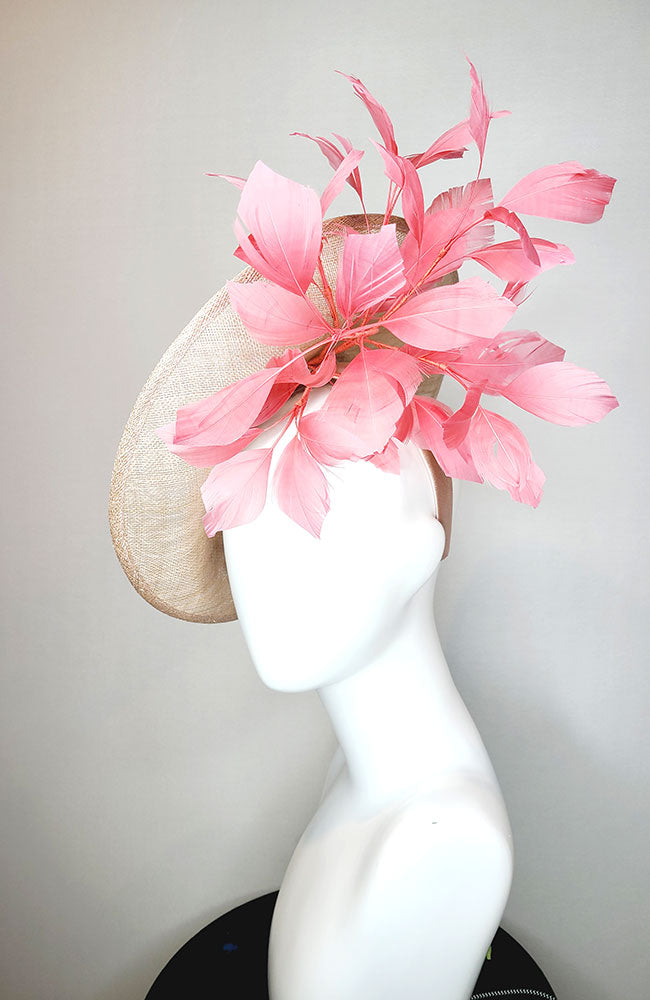 Taupe Fascinator with Pink Embellishments & Feathers