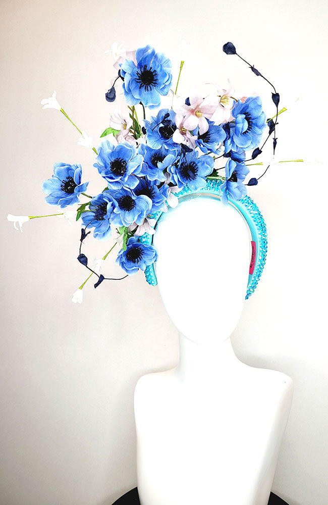 Blue Beaded Headband with Blue Flowers