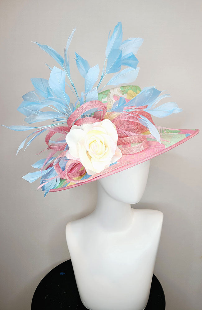 Pink Multi Hat with White Blue Flowers