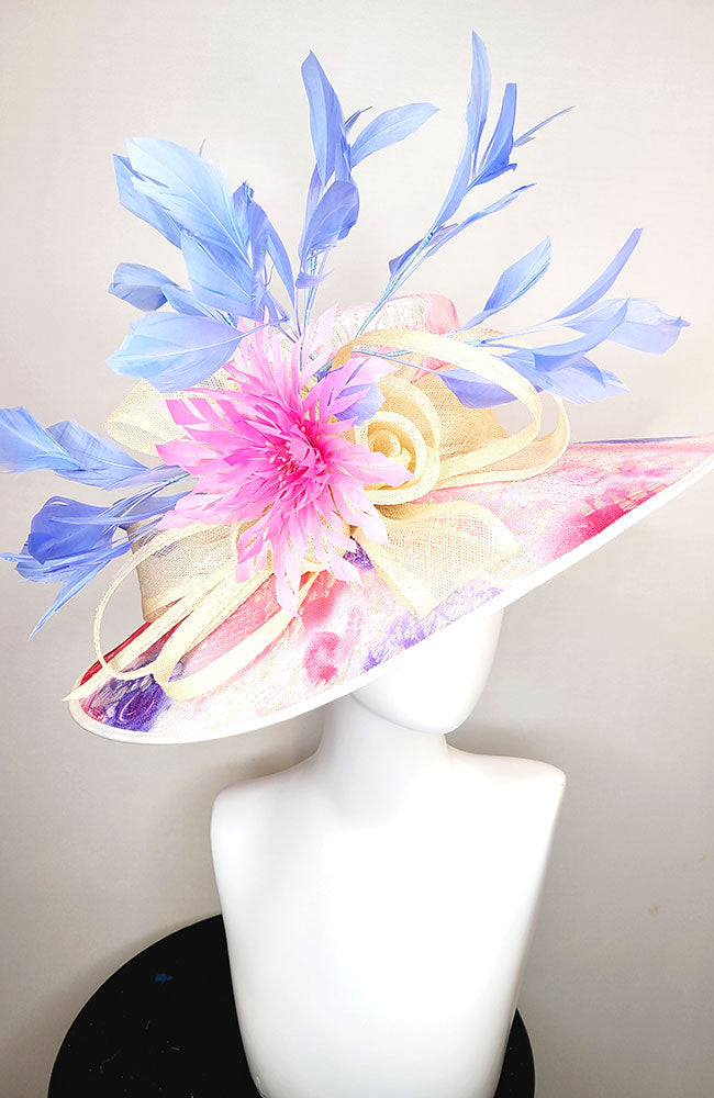 Pink and Purple Print Hat with Pink Flower