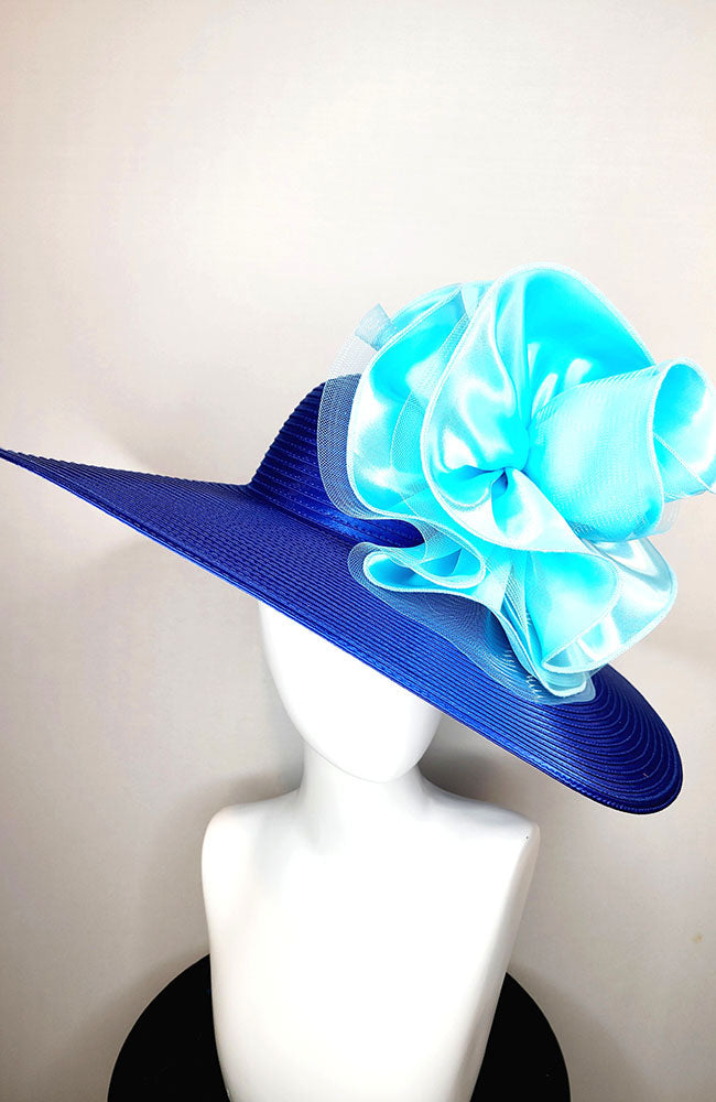 Royal Blue Large Brim Hat with Blue Flower