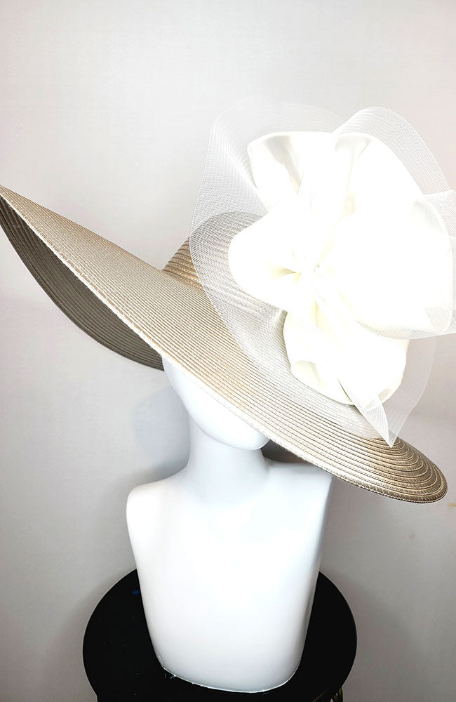 Gold Large Brim Hat with White Flower