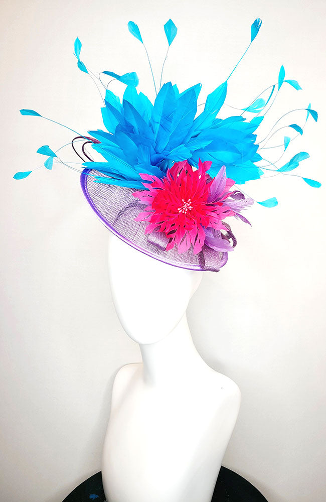Purple Fascinator with Pink Flower Blue Feathers