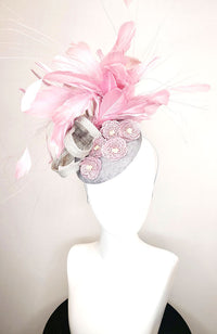 Grey Fascinator with Pink Feathers