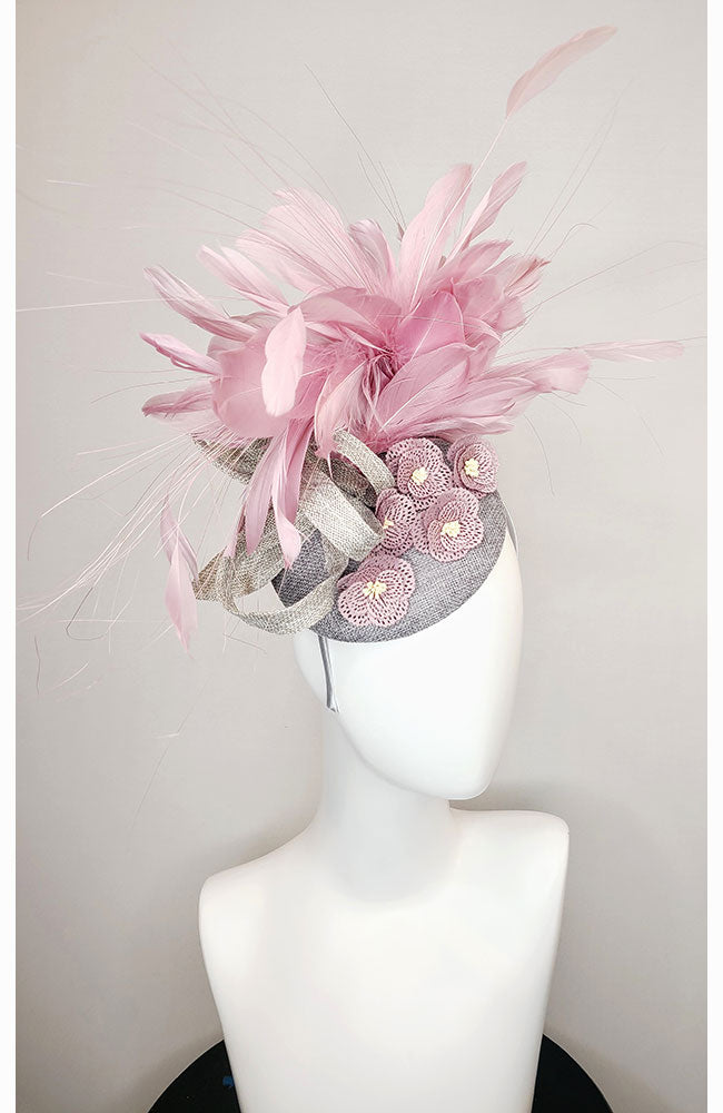 Grey Fascinator with Pink Feathers