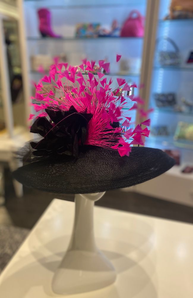 Hat Black Pink Feathers