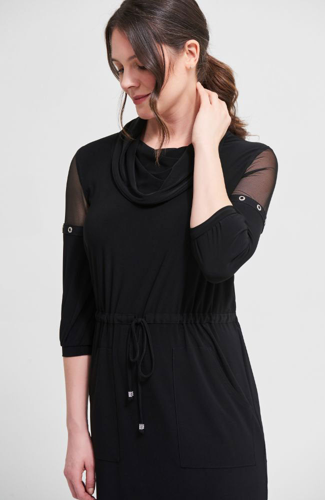 Mesh Shoulder Cowl Neck Dress