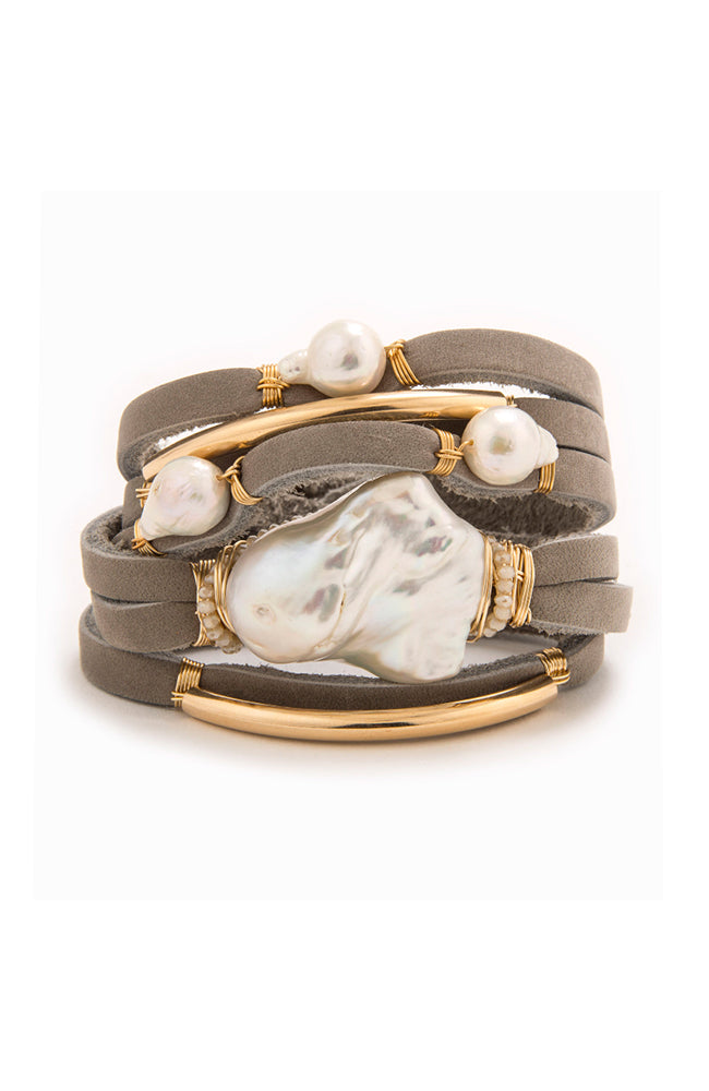 Leighton Gray Leather Pearl Bracelet