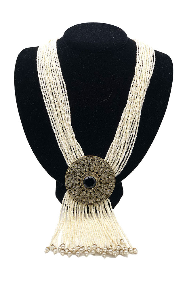 White Pearly Necklace Pave Onyx Medallion