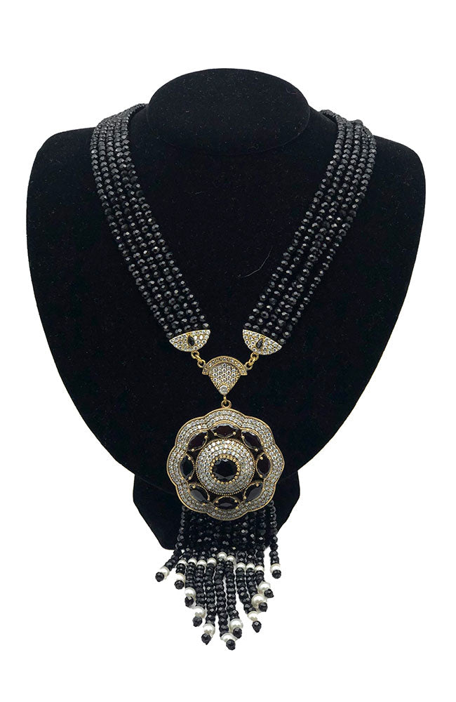 Black Beaded Neck Pave Onyx Medallion