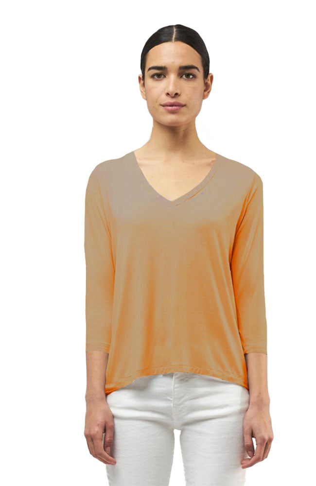 3/4 Sleeve Pleat Back V Neck
