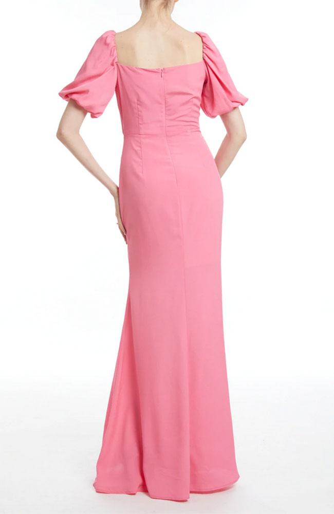 Tie Front Puff Sleeve Gown in Bubble Gum