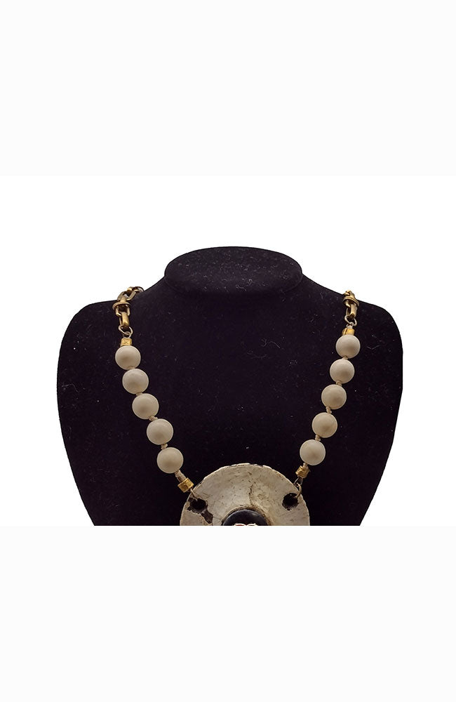 Vintage White Bead Necklace with Black C on White Medallion