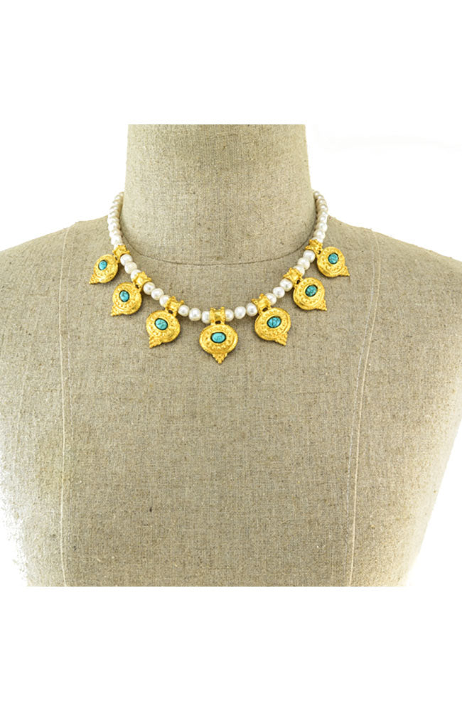 Pearl Neck with Gold Turquoise Pendants
