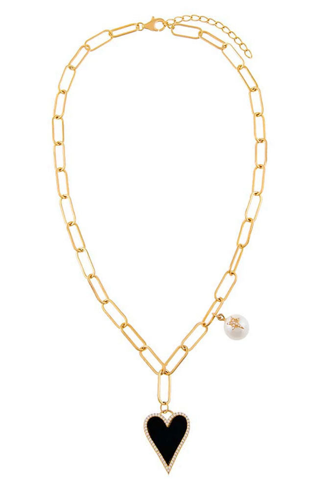 Heart X Pearl Charm PPC Necklace Onyx