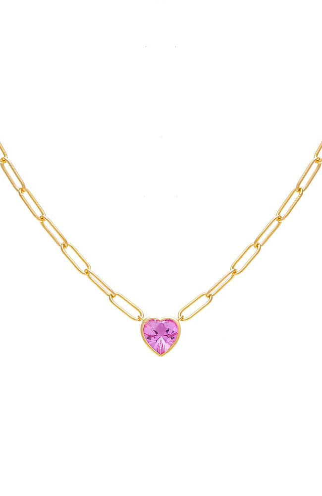 Bezel Heart Link Necklace Pink