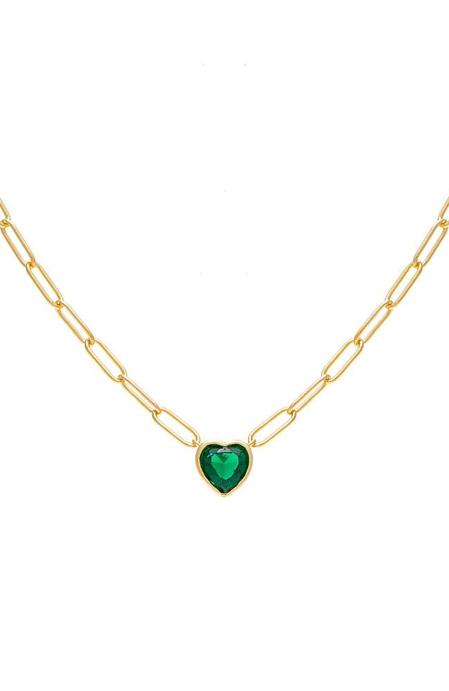 Bezel Heart Link Necklace Emerald Green