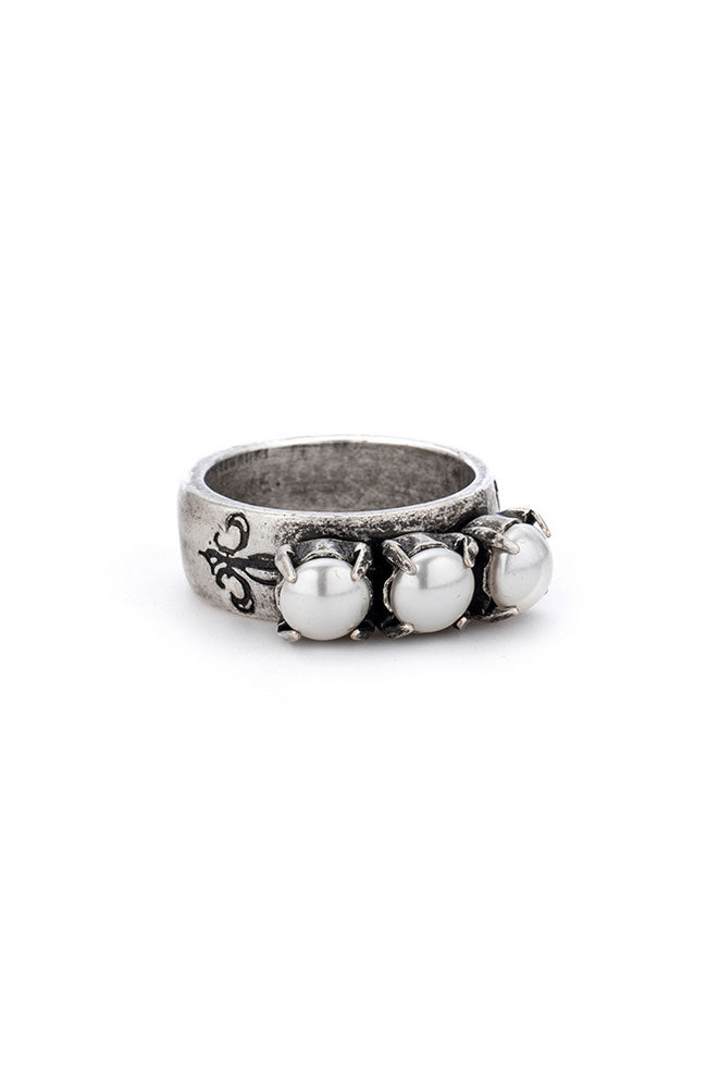 Triple Pearl Silver Ring Sz 6