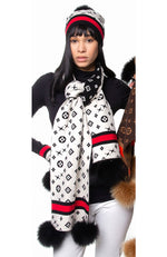 Scarf Monogram Pattern Fox Pom