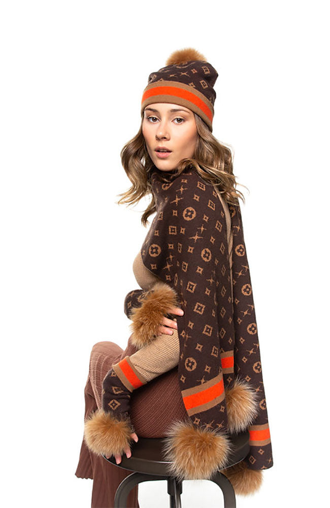 Scarf Monogram Pattern Fox Pom