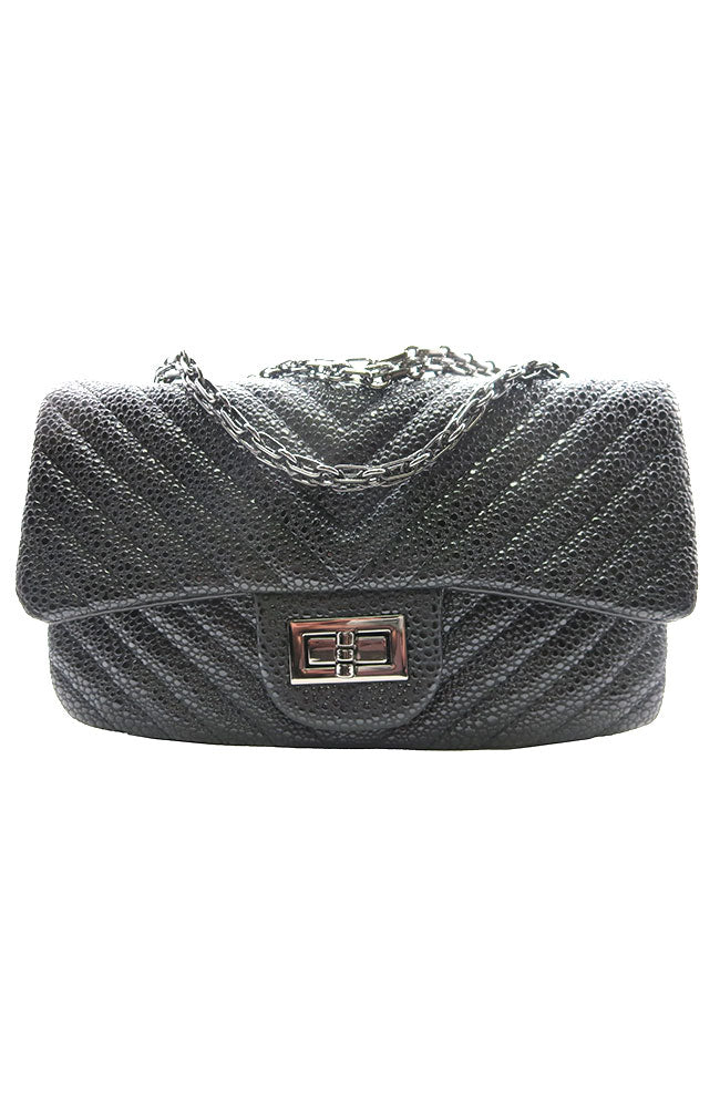 Faux Croc Chevron Handbag Black