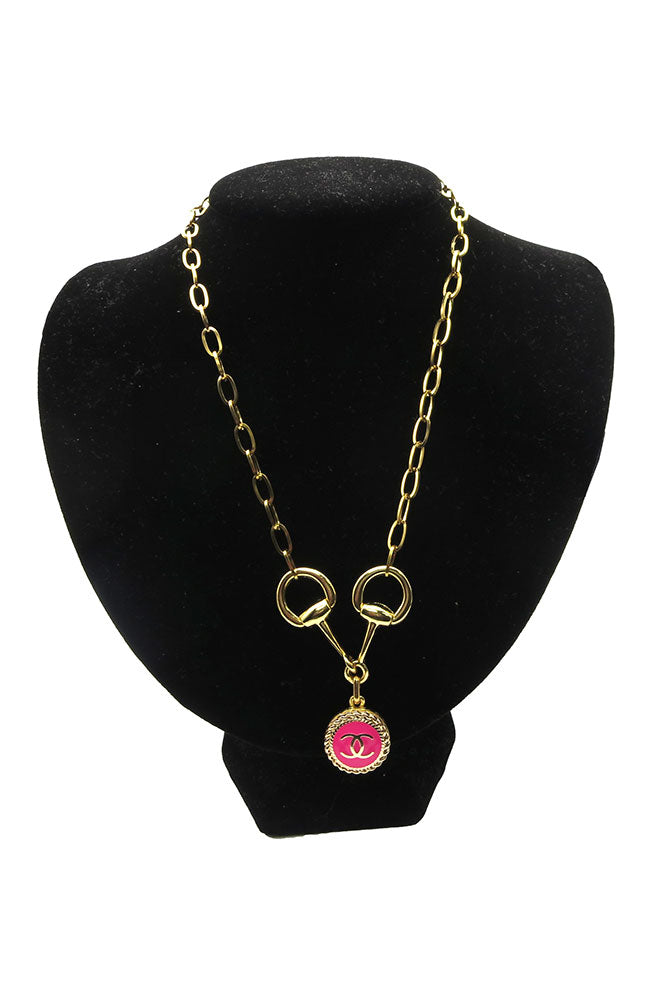 Gold Horsebit Necklace with Pink Button Pendant