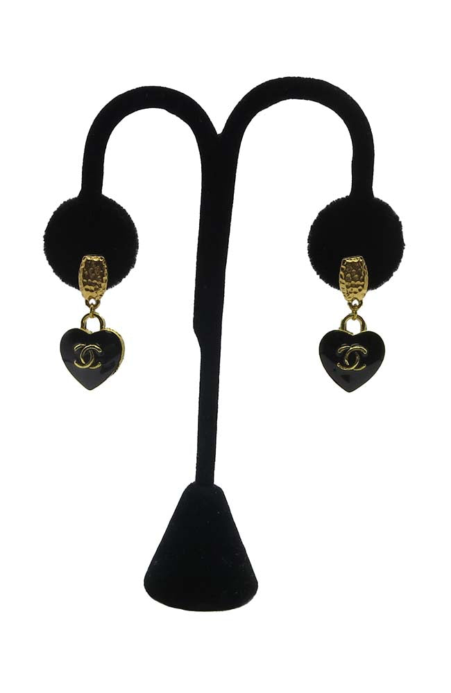 Gold Earring with Black Heart Pendant