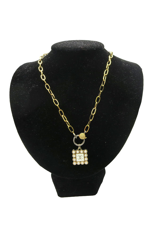 Gold PPC Necklace Square Pearl Pendant